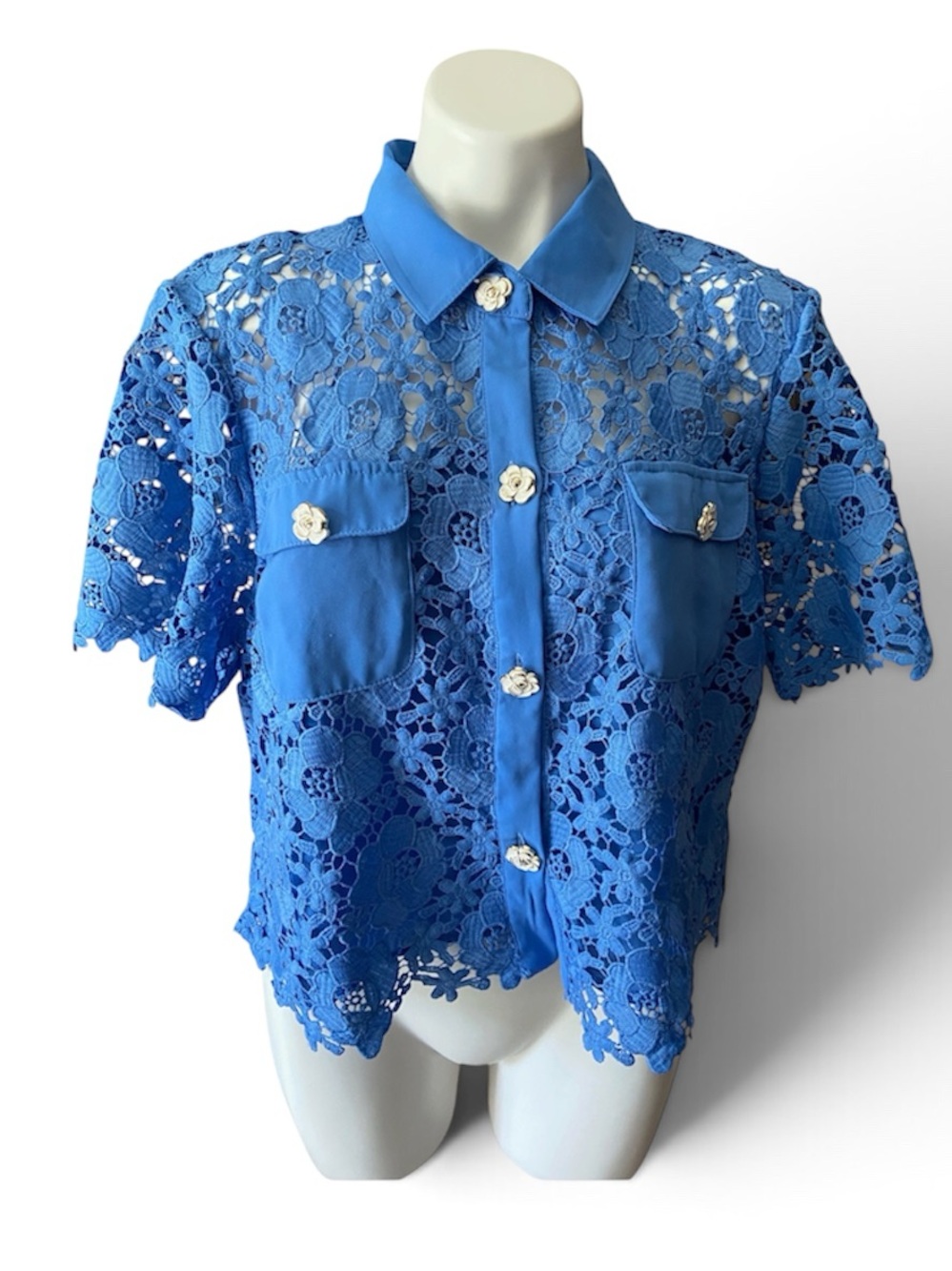 CeCe Women’s Blue Floral Lace Button-Down Shirt Size XL Office Casual
